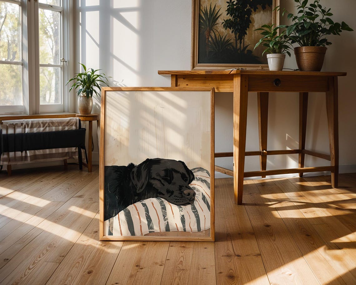Sleeping Black Labrador Dog On Striped Pillow Vintage Art Poster - Image 2