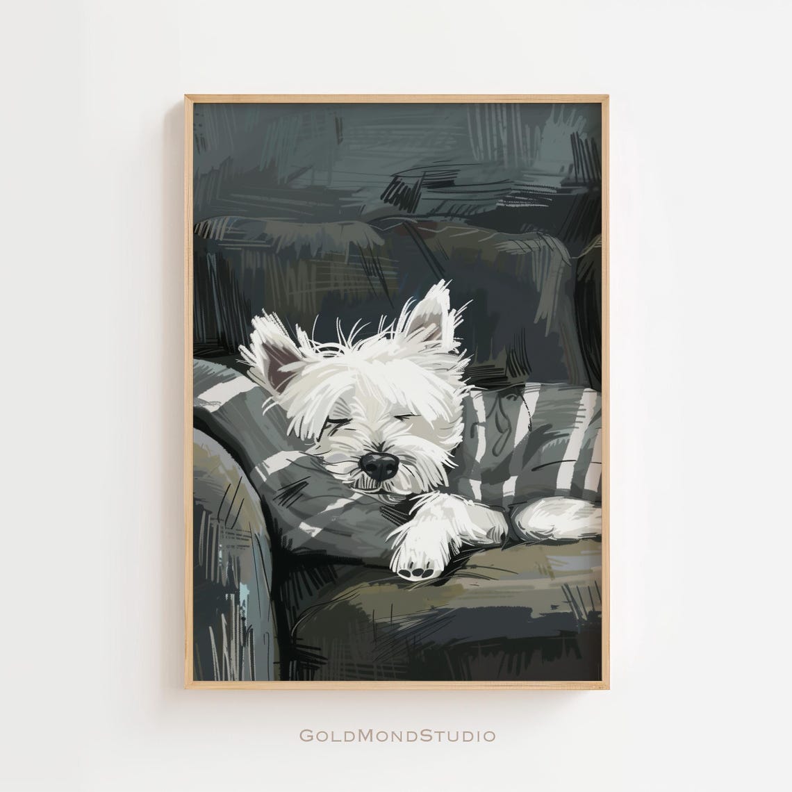 Sleeping White Terrier Puppy On Gray Couch Vintage Art Poster