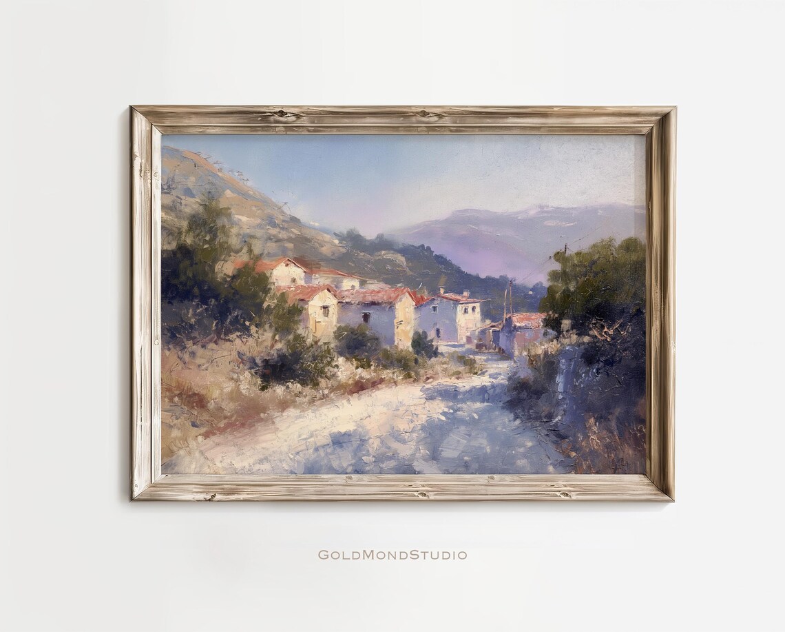 Sunlit Hillside Village With Red Tile Roofs Oil Painting Poster