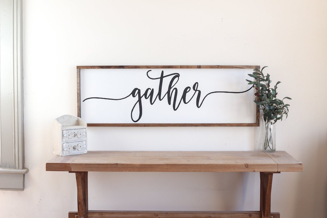 Gather Script Typography Modern Farmhouse Wood Framed Kitchen Poster
