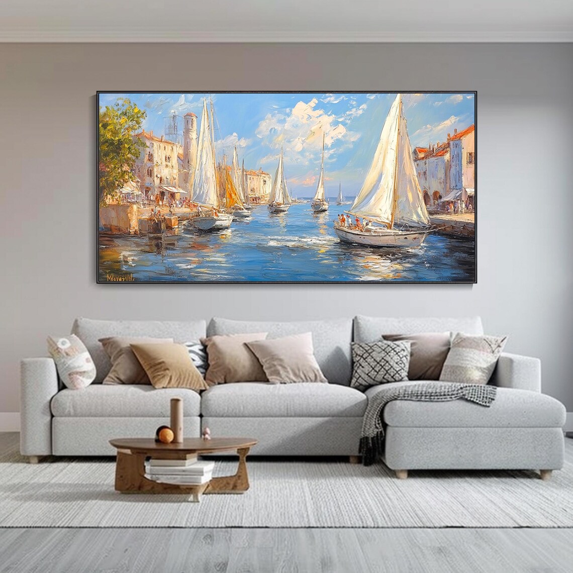Mediterranean Harbor Sailboats White Buildings Seascape Wall Art - Image 3