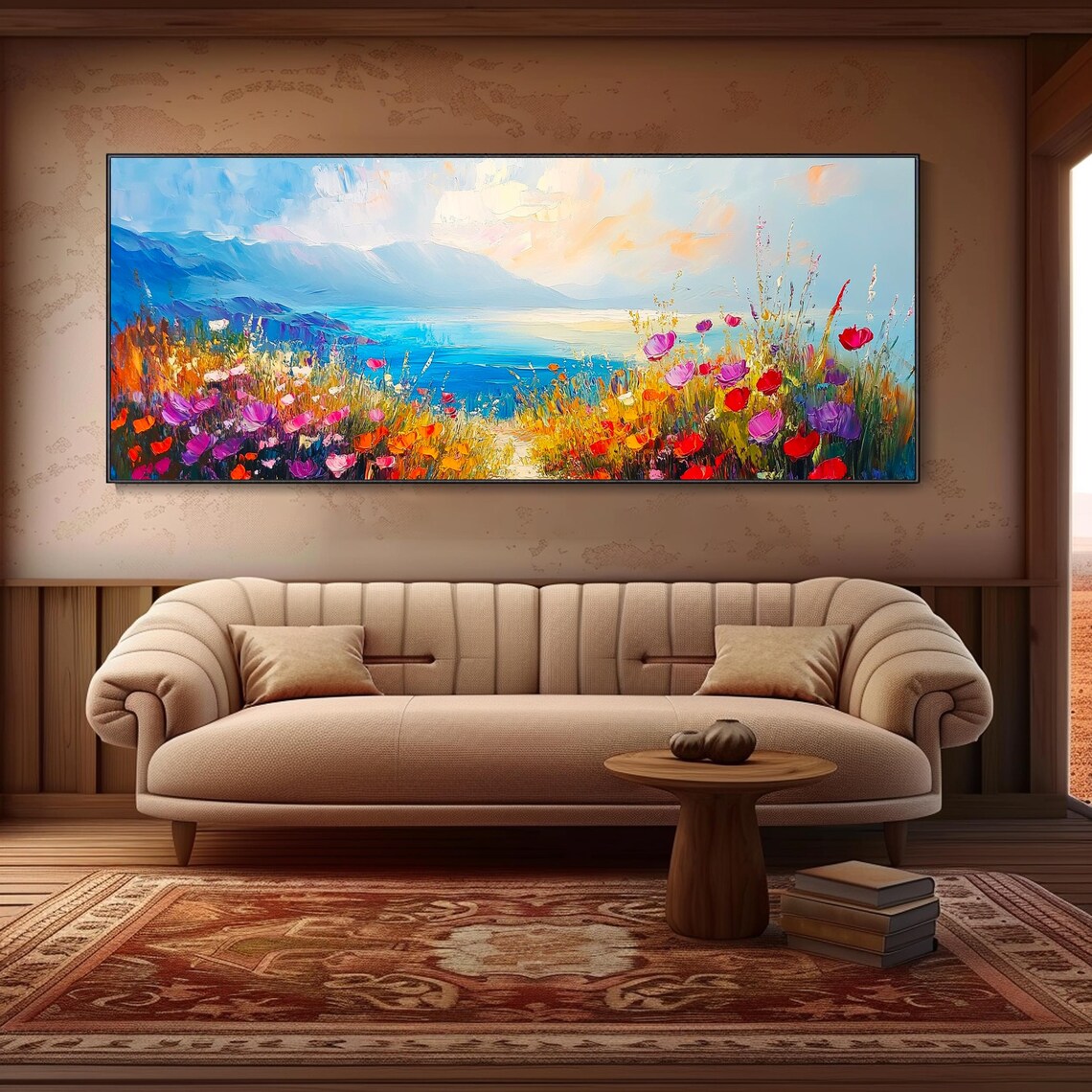 Wildflower Meadow Lake Mountain View Colorful Blossom Landscape Wall Art - Image 3