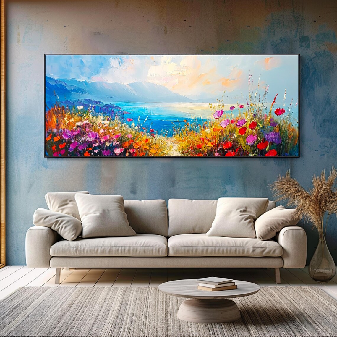 Wildflower Meadow Lake Mountain View Colorful Blossom Landscape Wall Art - Image 2