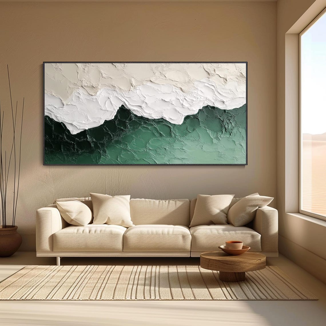 3d Green Minimalist Beach Painting Textured Wall Art Ocean Wave Painting On Wabi Sabi Wall Art Living Room Painting Fashion Decor - Image 5