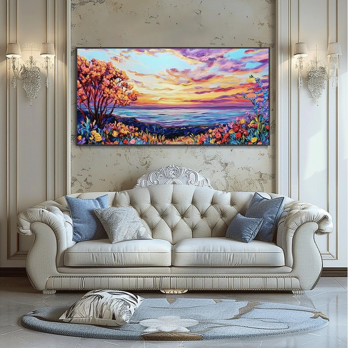 Ocean Sunset Flowers Oil Painting Palette Knife Seascape Blooms Wall Art Print - Image 5