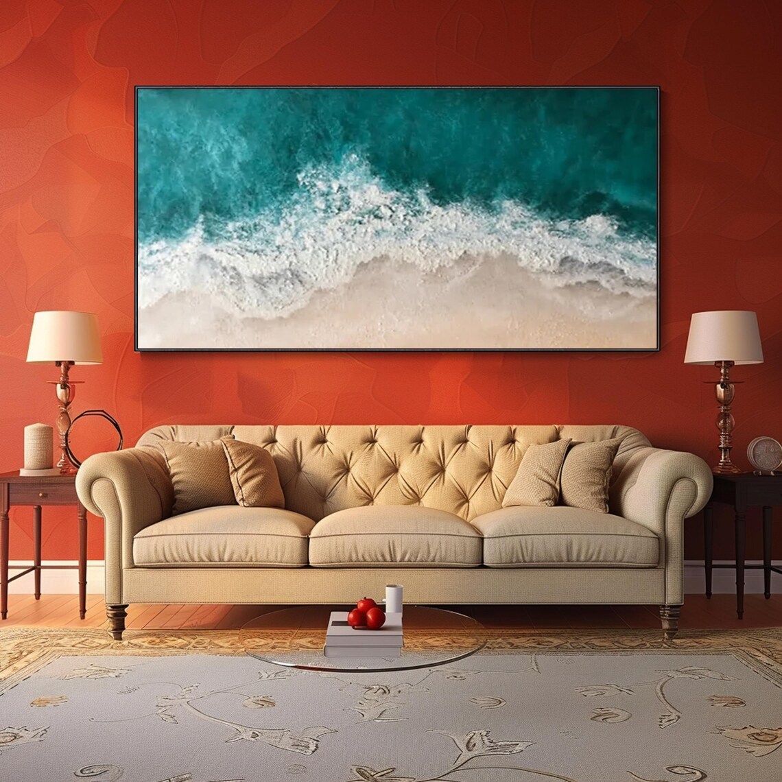 Turquoise Ocean Waves White Sand Aerial Beach Textured Oil Painting Print - Image 4