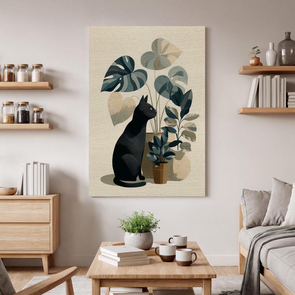 Minimalist Black Cat Monstera Plant Botanical Cat Lover Art Poster