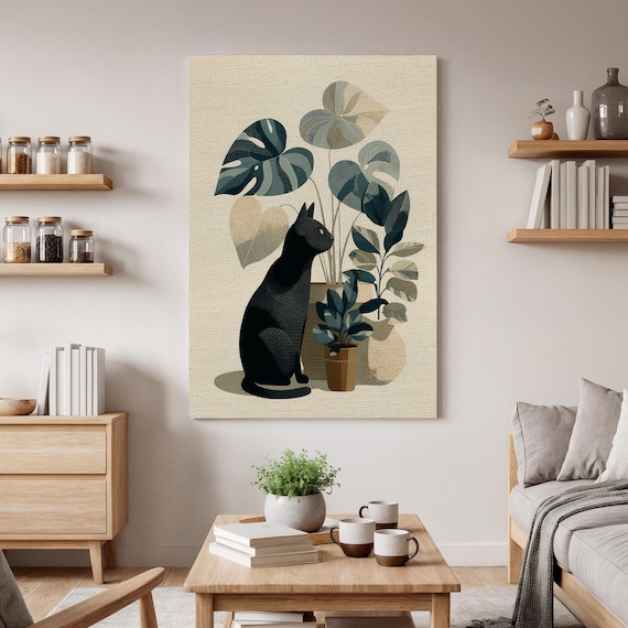 Minimalist Black Cat Monstera Plant Botanical Cat Lover Art Poster