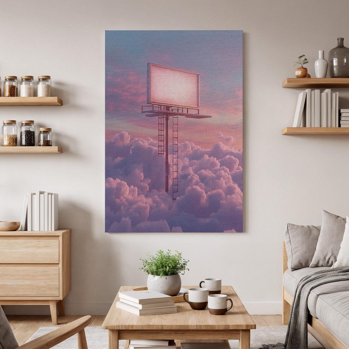 Surreal Billboard Floating Above Pink Clouds at Sunset Poster