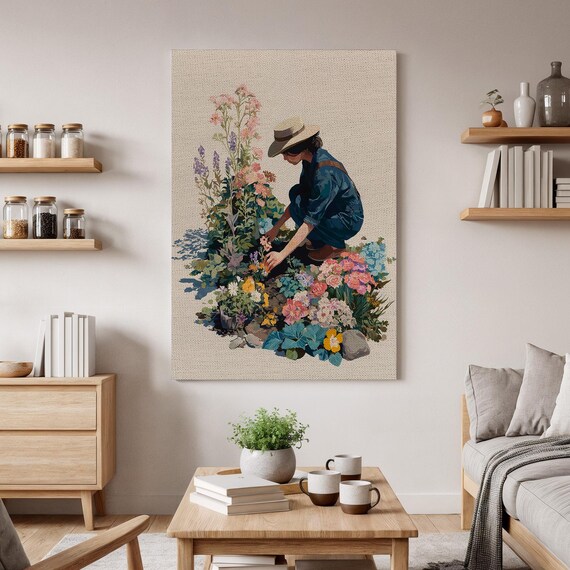 Romantic Gardener Woman Flowers Vintage Floral Cottage Garden Poster