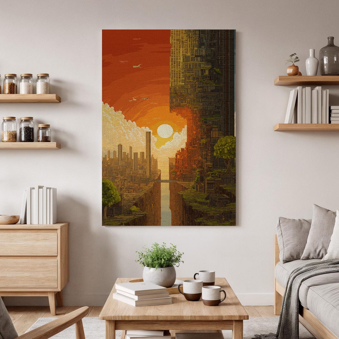 Futuristic Orange Sunset Cityscape Pixel Skyline Skyscraper Poster