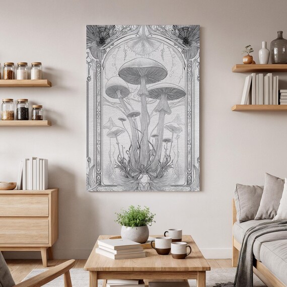 Mushroom Canvas Wall Art Black And White Nature Fungi Botanical Print Vintage Style Artwork Forest Home Decor