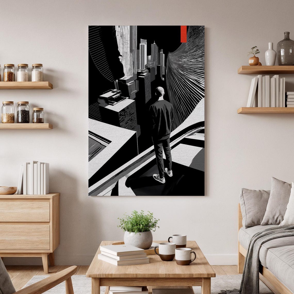 Urban Noir Black And White Cityscape Lone Figure Modern Graphic Poster