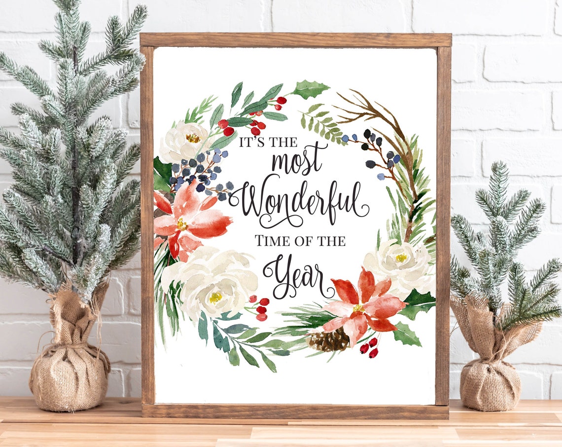 Its The Most Wonderful Time Of The Year Christmas Winter Home Decor 5x7 8x10 11x14 16x20 Holiday Woodland Wreath Diy Decor