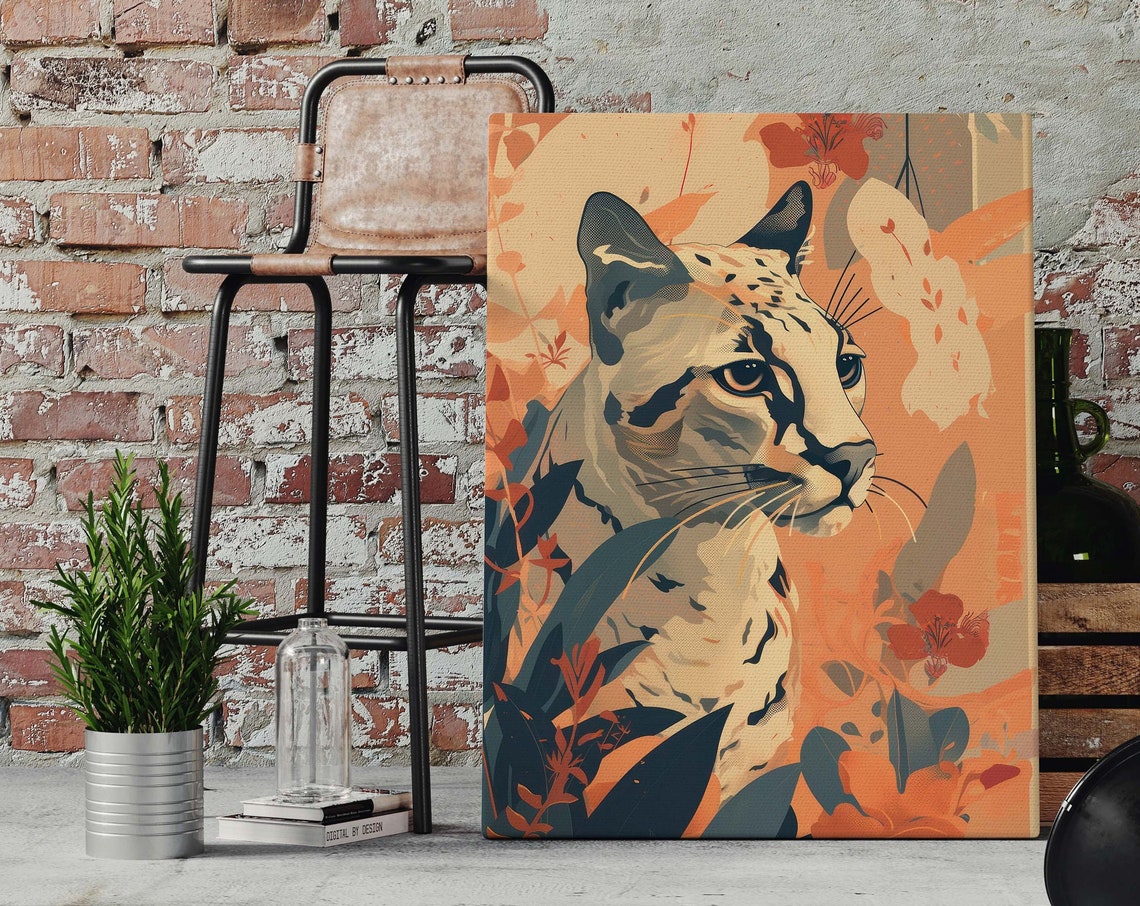 Ocelot Portrait Among Warm Florals Modern Wildcat Art Poster - Image 4