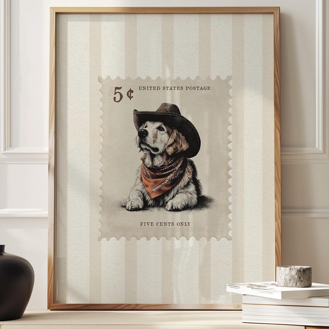 Cowboy Puppy Five Cent Postage Stamp Golden Retriever Artwork Poster