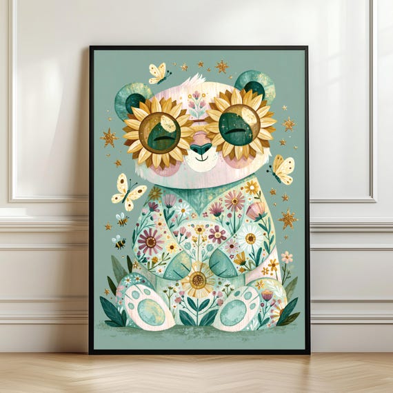 Cute Panda Wall Art Whimsical Floral Print Botanical Animal Decor Cottagecore Lover Gift Digital Download
