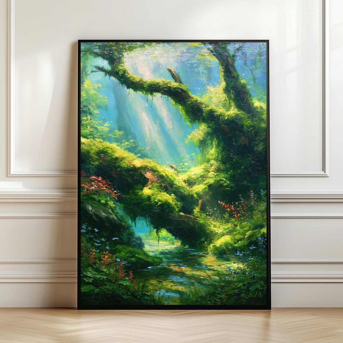 Emerald Forest Stream Art Print, Woodland Landscape