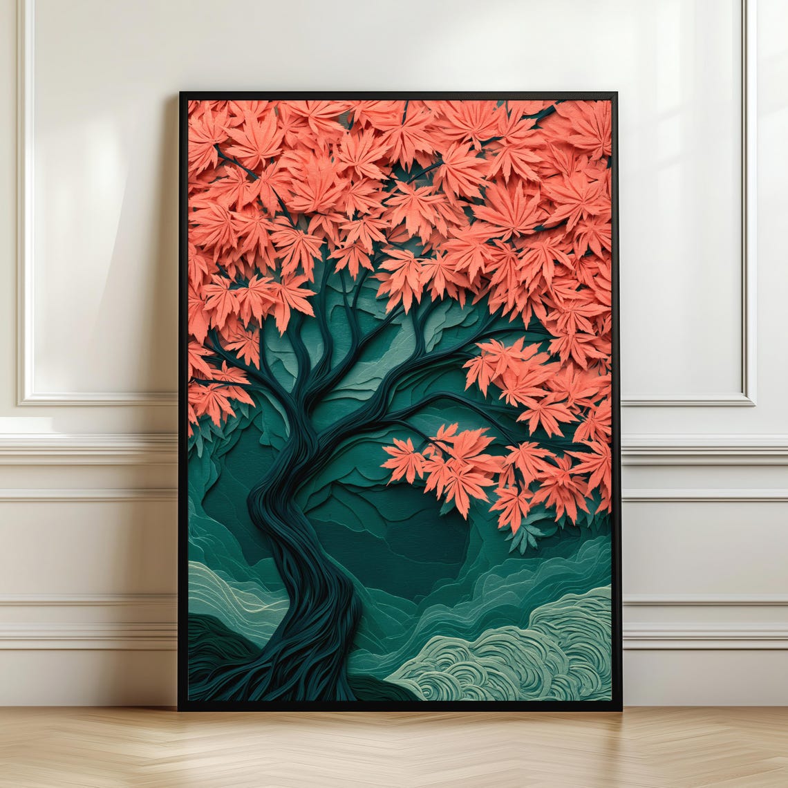 Coral Maple Tree Paper Cut Teal Waves Japanese Autumn 3D Wall Art