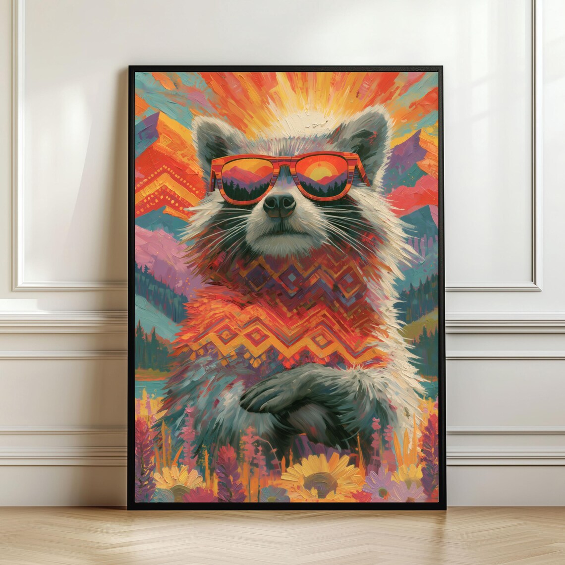 Cool Raccoon Wearing Sunglasses Colorful Wildflower Sunset Portrait Poster