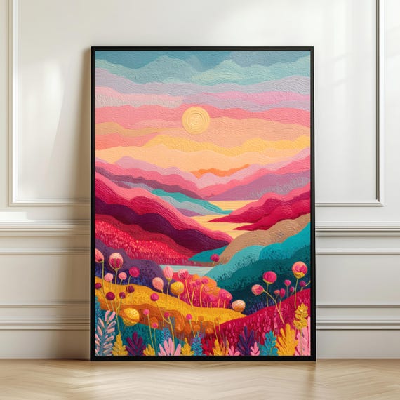 Pastel Spring Meadow Wall Art Colorful Floral Sunset Print Boho Landscape Poster Feminine Nature Decor Bright Gift Digital Download