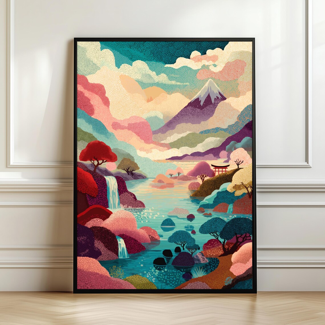 Mount Fuji Japan Waterfalls Torii Gate Colorful Decorative Landscape Poster