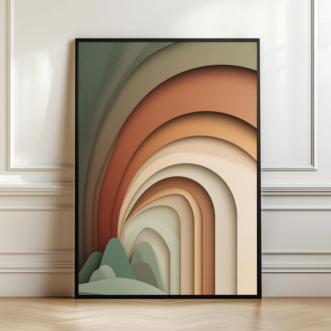 Earthy Boho Rainbow Arch Green Hills Layered Minimalist Wall Art