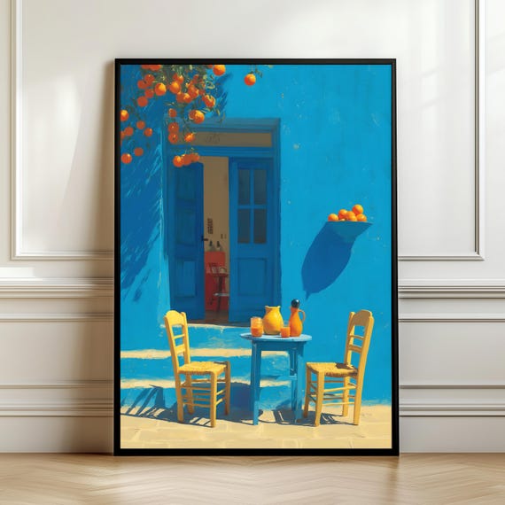Mediterranean Blue House Wall Art Patio Painting Print Orange Tree Vibrant Poster Decor Digital Download
