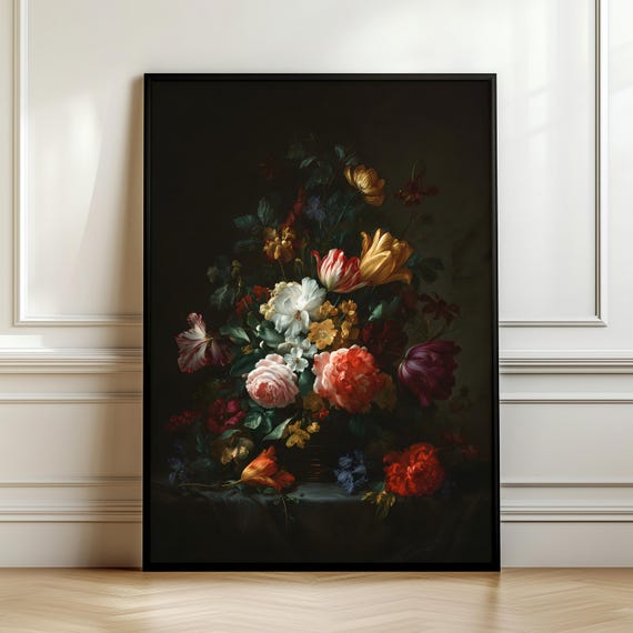 Dark Floral Still Life, Vintage Dutch Style Art Print
