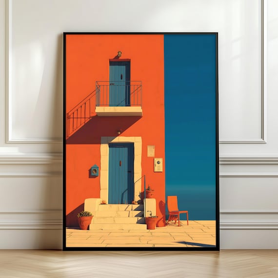 Terracotta Orange House Wall Art Blue Door Mediterranean Architecture Print Staircase Facade Coastal Decor Gift Digital Download