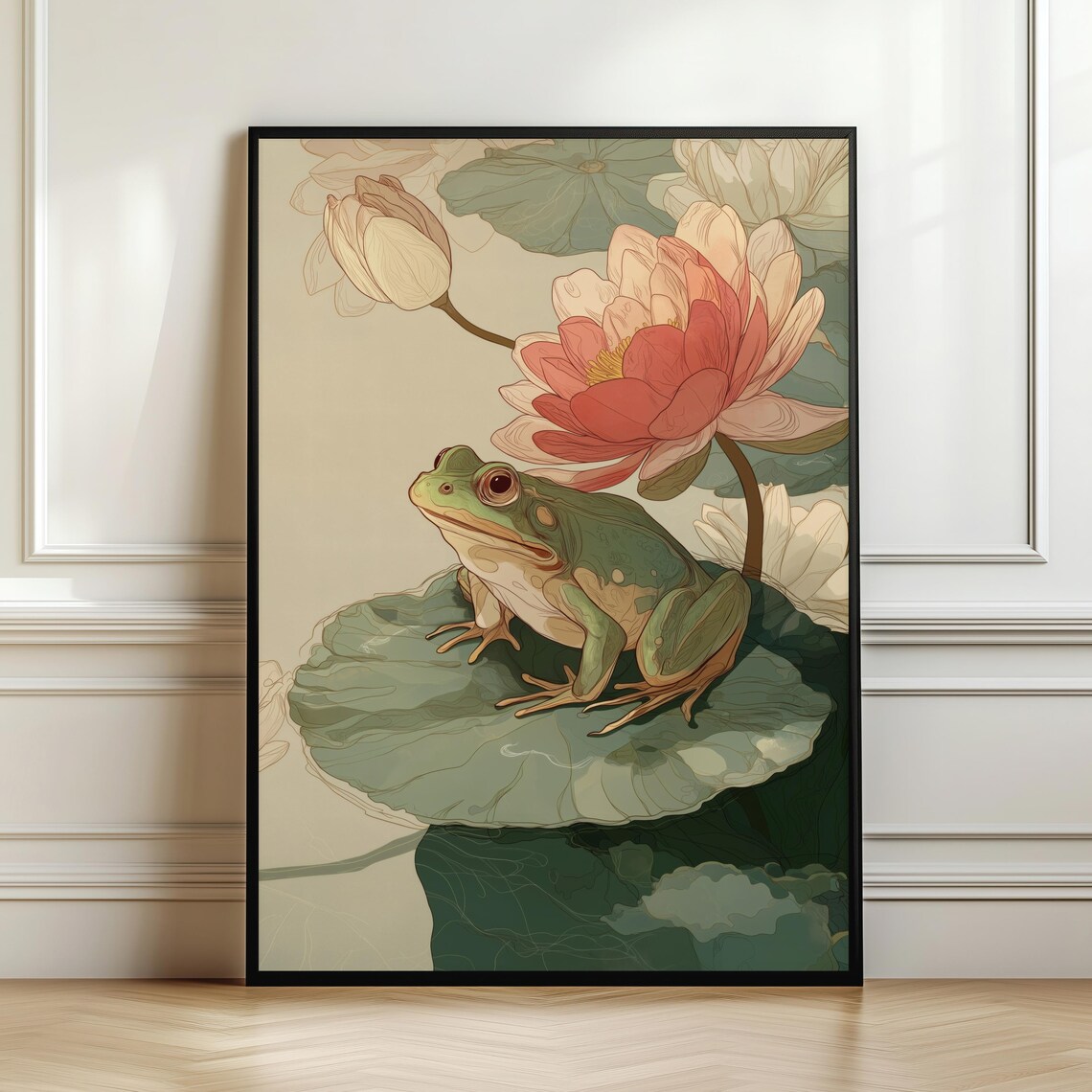 Japanese Frog Lotus Vintage Botanical Poster