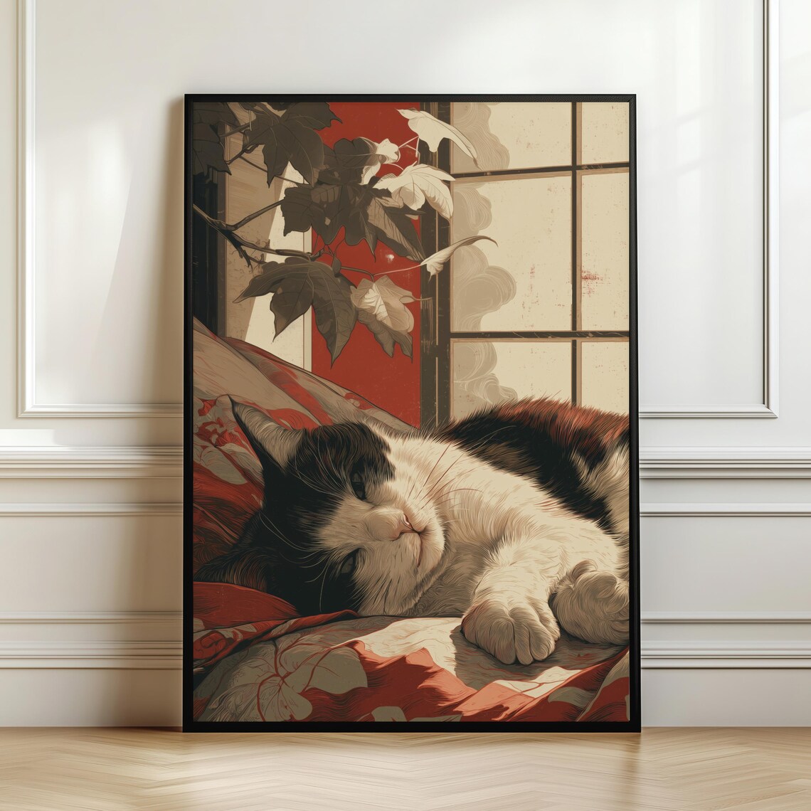 Japanese Tuxedo Cat Sleeping by Window Sunlight Red Aesthetic Cat Wall Art