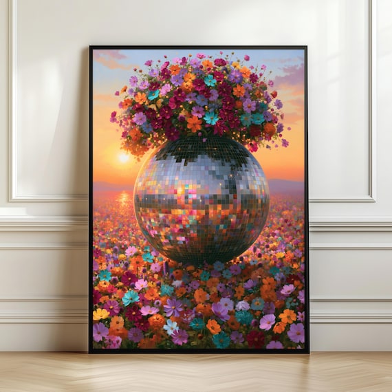 Disco Ball Flower Vase Decor Colorful Maximalist Floral Sunset Poster