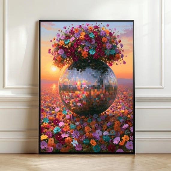 Disco Ball Flower Vase Wall Art Colorful Floral Decor Retro Print Maximalist Botanical Poster Lover Gift Digital Download