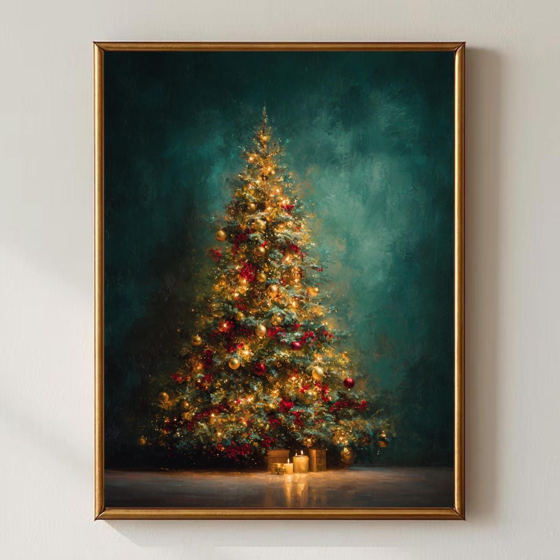 Emerald Christmas Tree Decor Gold Red Festive Holiday Painting Poster