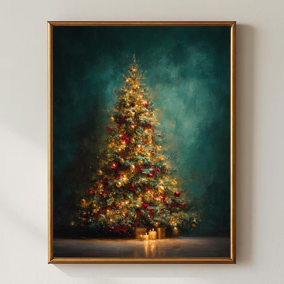 Emerald Christmas Tree Decor Gold Red Festive Holiday Painting Poster