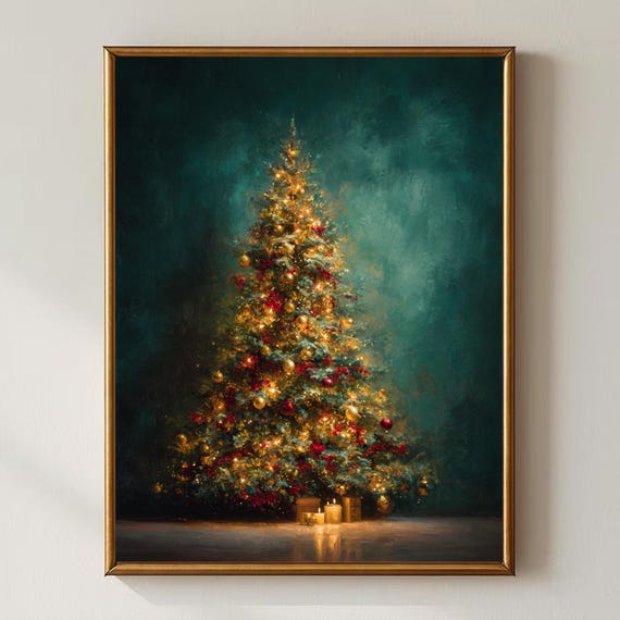 Emerald Christmas Tree Wall Art Holiday Poster Gold Red Green Festive Painting Cozy Decor Gift Digital Download
