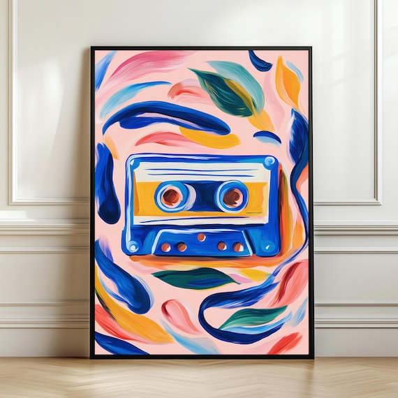 Colorful Cassette Tape Wall Art Print Retro Music Poster Abstract Vintage Audio Illustration 80s 90s Decor Digital Download