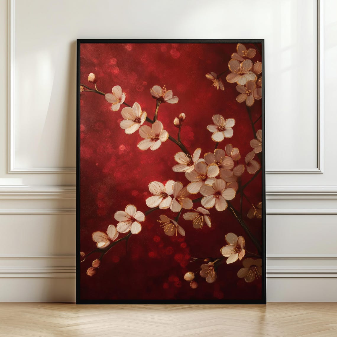 White Cherry Blossom Branches On Red Gold Elegant Floral Poster