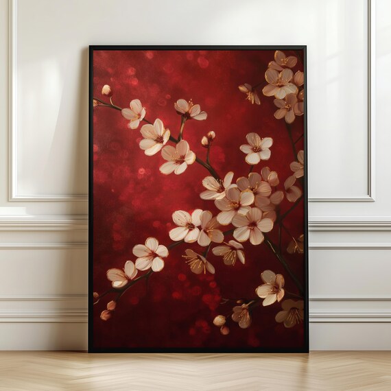 White Cherry Blossom Branches On Red Gold Elegant Floral Poster