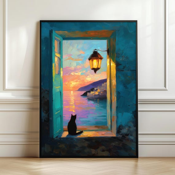 Cat Watching Sunset Window Wall Art Mediterranean Coastal View Poster Romantic Seaside Landscape Print Ocean Decor Digital Download