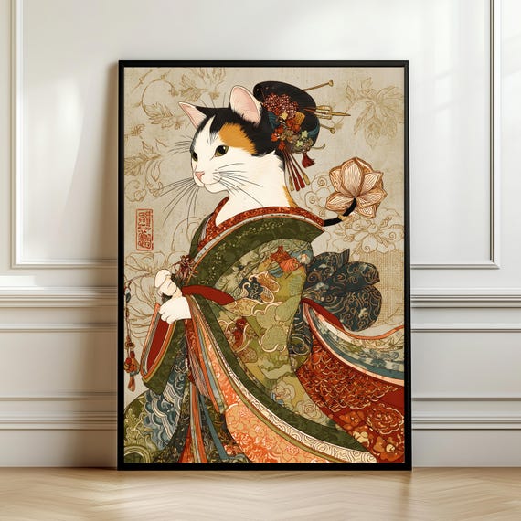 Japanese Cat Geisha Wall Art Ukiyoe Calico Print Traditional Kimono Illustration Oriental Decor Feline Poster Digital
