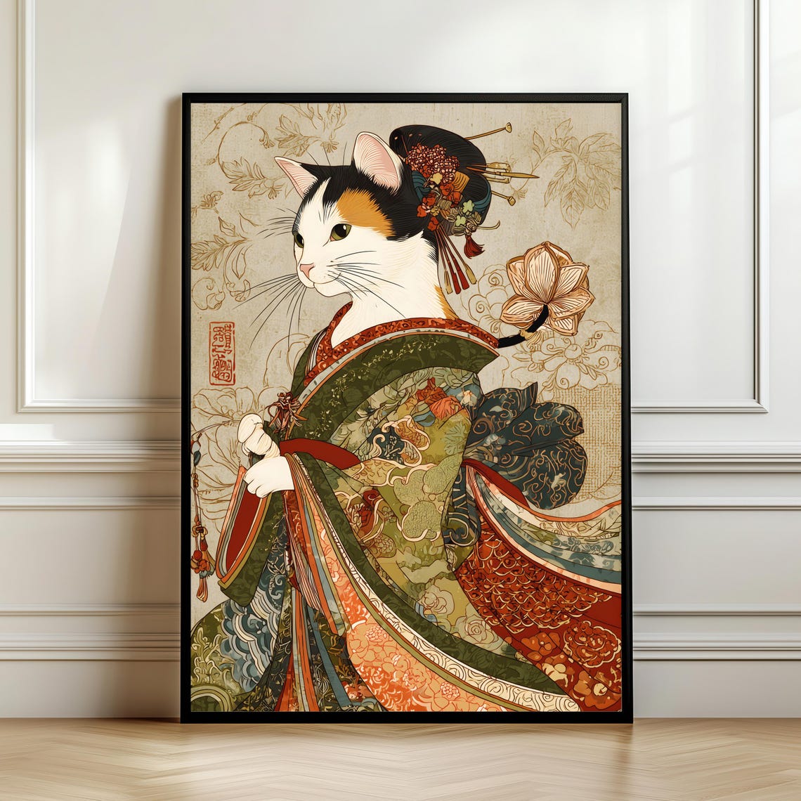 Calico Cat Geisha in Kimono Traditional Japanese Ukiyo-e Style Poster