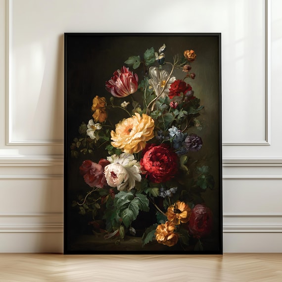 Dark Floral Wall Art Vintage Botanical Still Life Moody Flower Painting Baroque Print Elegant Home Decor Gift Digital Download