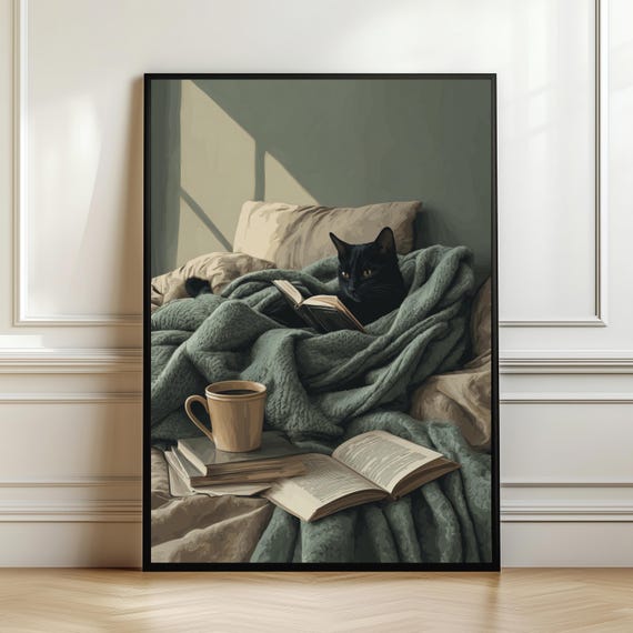 Elegant Reading Cat Poster Book Lover Aesthetic Print Black Literary Decor Sophisticated Home Library Wall Art Digital Download
