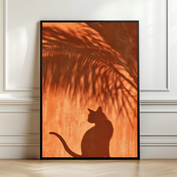 Cat Shadow Wall Art Botanical Poster Minimal Boho Print Warm Earth Tone Decor Mediterranean Lover Gift Digital Download