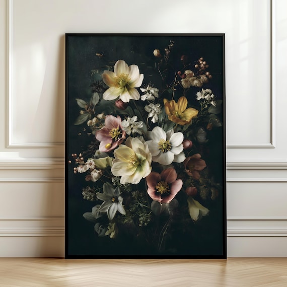 Moody Flowers Wall Art Print, Vintage Botanical