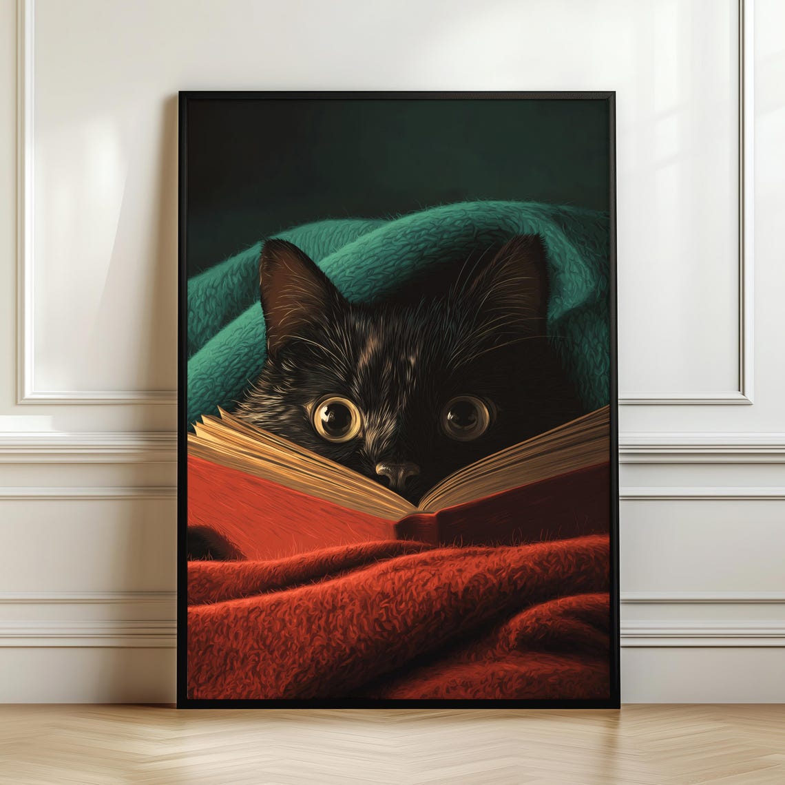 Mysterious Black Cat Reading Poster Read Book Wall Art Dark Aesthetic Print Lover Gift Moody Literary Decor Digital Download
