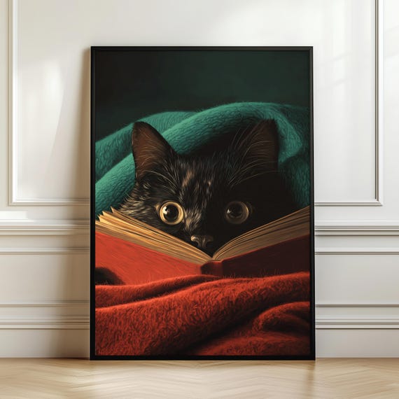 Mysterious Black Cat Reading Poster Read Book Wall Art Dark Aesthetic Print Lover Gift Moody Literary Decor Digital Download