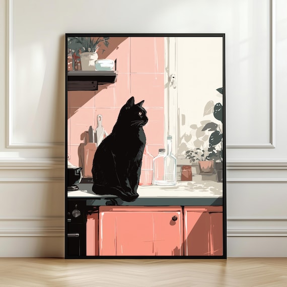 Minimalist Black Cat Print, Scandinavian Decor
